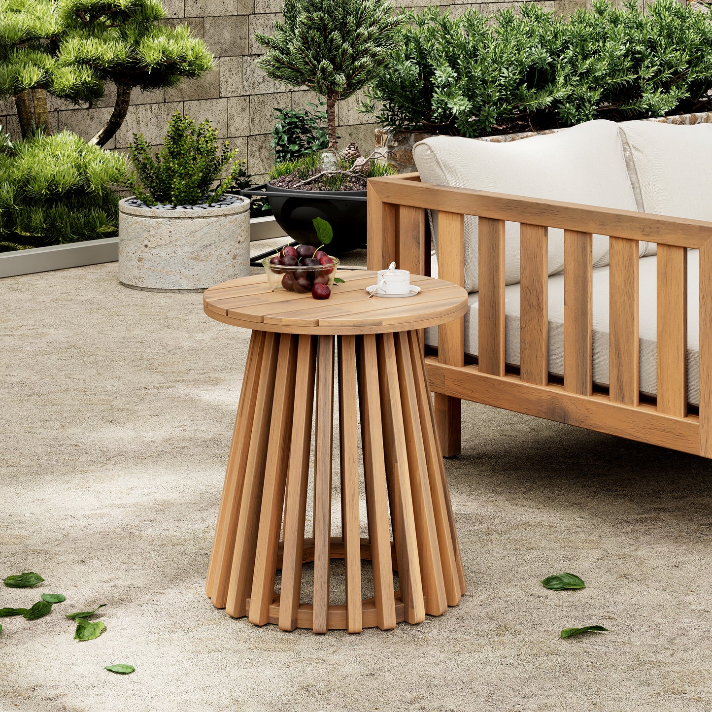 Outdoor Acacia Wood Patio Side Table, Round Coffee Table For Backyard, Lawn, Balcony,Light Teak