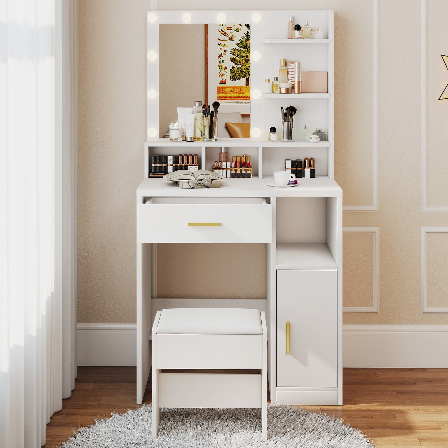 Vanity Desk With Mirror Makeup Desk With 10 Dimmable Bulbs Drawers Cabinet Shelves Stool 3 Color Adjustable Lighting For Dressing Room