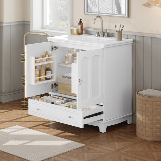 30 Bathroom Vanity With Ceramic Sink, Solid Wood Frame Bathroom Sink Cabinet With Adjustable Shelf, Drawer With Divider, Solid Wood Feet