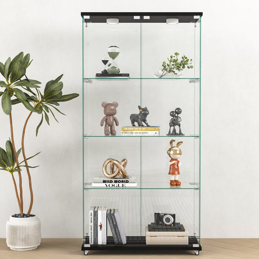 Modern Glass Display Cabinet With LED Lights, Quick-assembly Antique Cabinet, Tempered Glass Bookshelf, Suitable For Living Room And Bedrooms, 2-door 4-shelf, Black