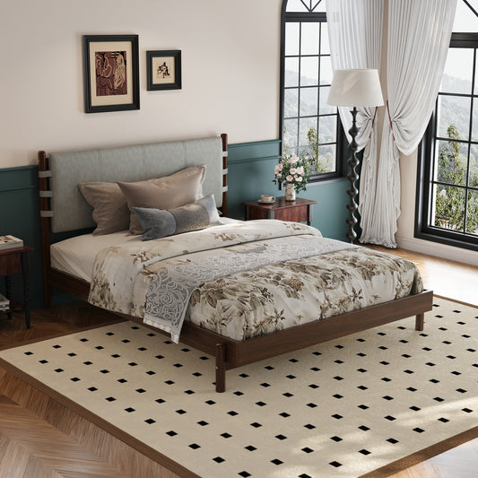 Premium Rubber Wood Platform Bed Frame, Queen Bed Frame With Headboard Included, Mid Century Modern Bed With Walnut Light Grey Color