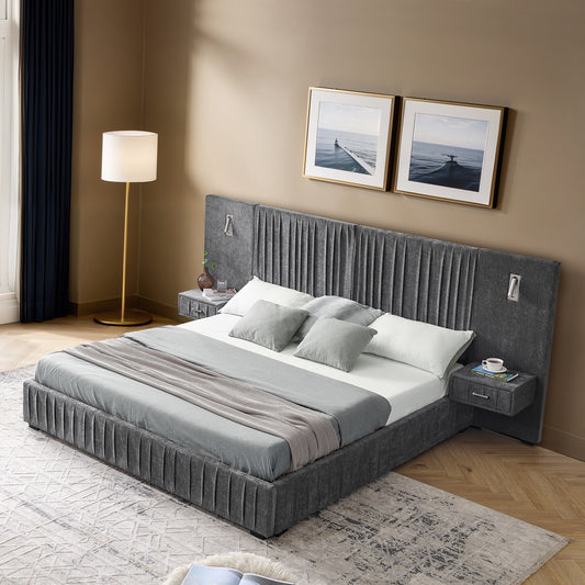 Queen Size Upholstered Bed Frame With Chenille Fabric With Pleated Design,Grounded Queen Size Platform Bed With Headboard And Solid Frame And The Bedside Table.No Box Spring Needed-DARK GREY