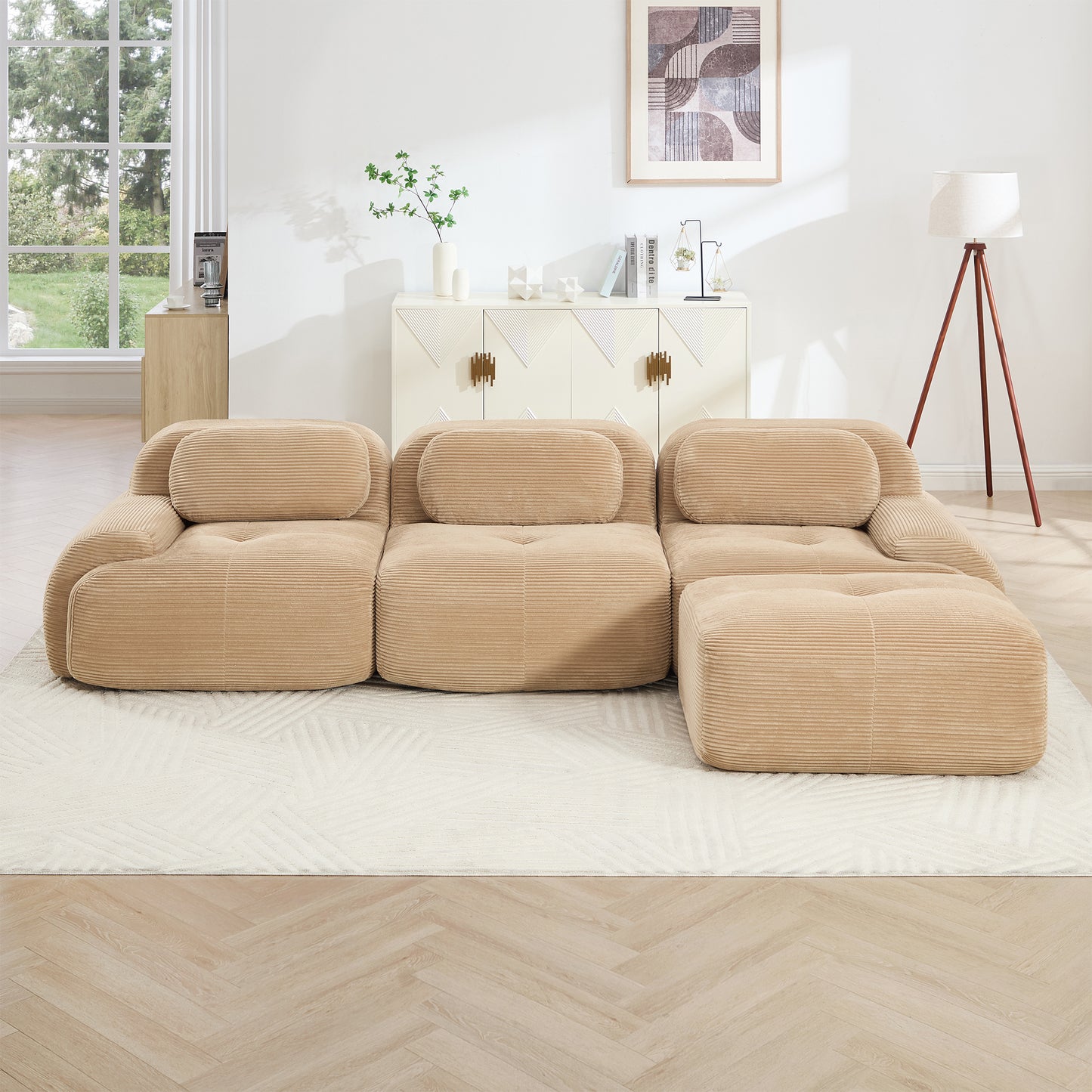 L-shaped Modular Sofa No Assembly Ergonomic Design Pet-friendly LuxuryCorduroy Fabric Fabric Extra-wide Curved Armrests 32D High-resilience Sponge For Living Rooms Bedroom ,Camel