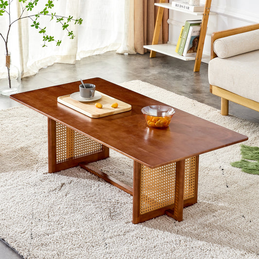 Chinese Style Log Wind Imitation Rattan Walnut Color Tea Table Rectangular Solid Wood Coffee Low Table Small Family Living Room Tea Table .W115191497