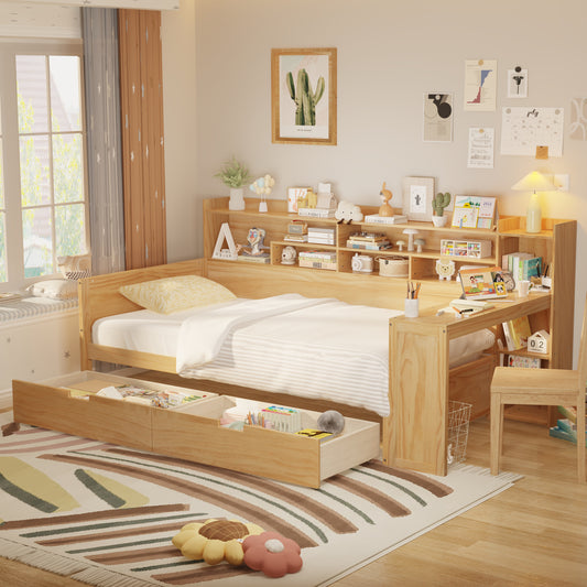 Wooden Twin Size Daybed With Storage Shelves, Multi-functional Bed With 2 Storage Drawers And Study Desk, Natural