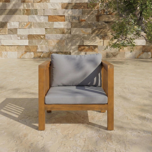 Outdoor Acacia Wood Club Chair With Modern Square Arms, Patio Chair With Thick Cushion, Adjustable Leveling Feet For Poolside, Deck, Grey Cushion