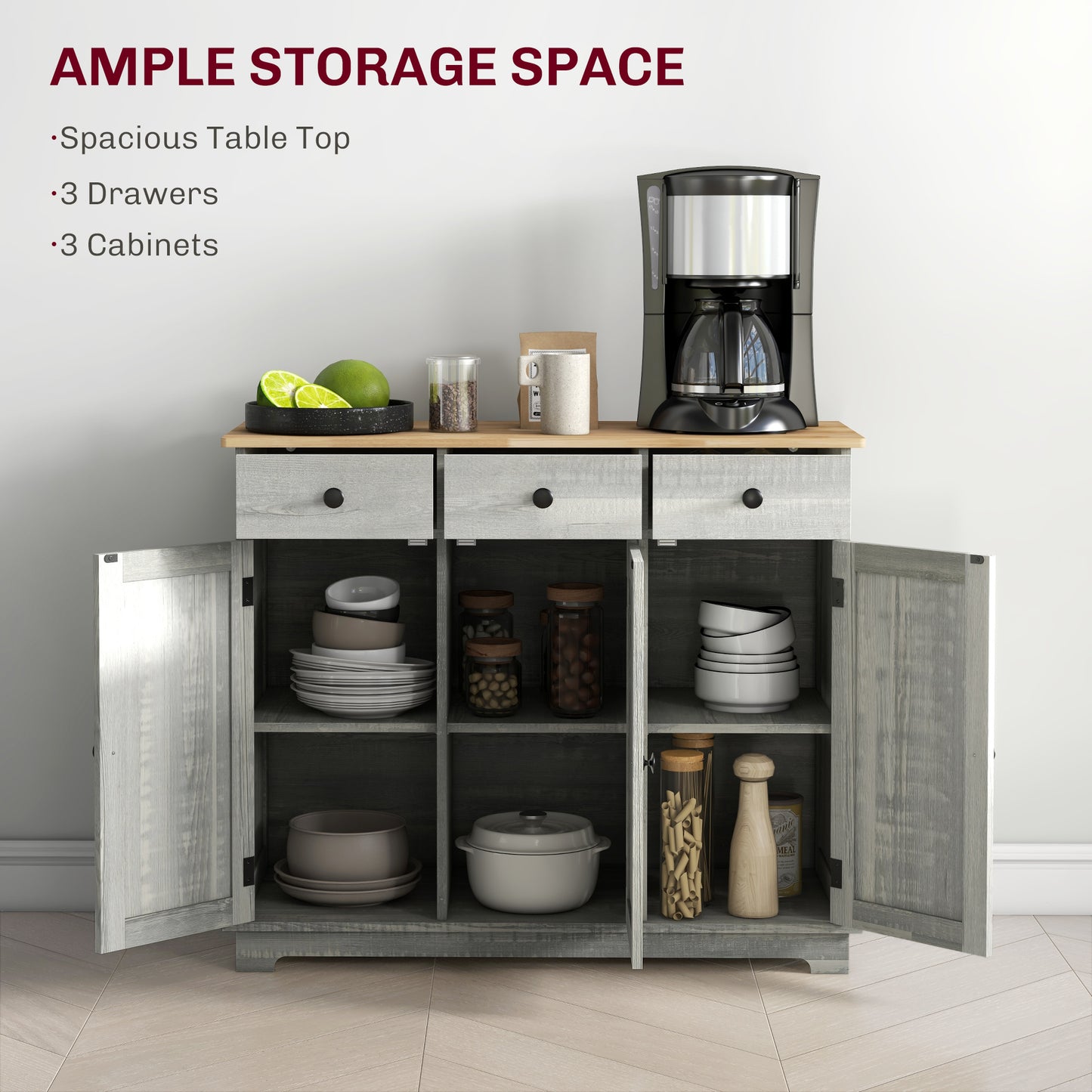 Kitchen Storage Cabinet, Sideboard Floor Cupboard With Solid Wood Top, Adjustable Shelf, And 3 Drawers, Light Gray