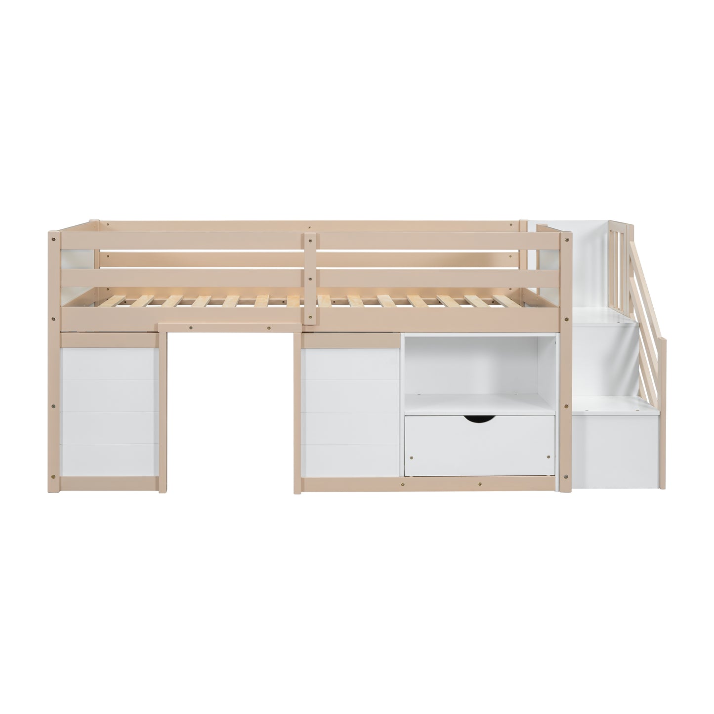 SOLID WOOD TWIN SIZE LOW LOFT BED WITH STAIR, DRAWER, AND SHELF FOR CREAM WHITE COLOR
