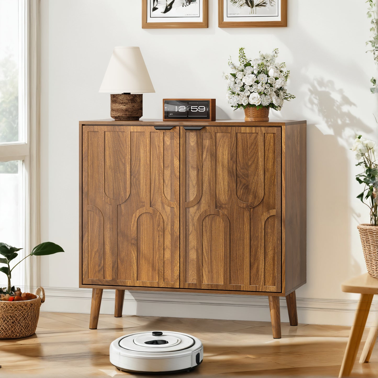 Sideboard Buffet Cabinet With Storage, Farmhouse Buffet Cabinet With Paper Clip Design, Wood Coffee Bar Storage Cabinet For Kitchen, Dining Room, Living Room, Entryway, Walnut,31.5 W
