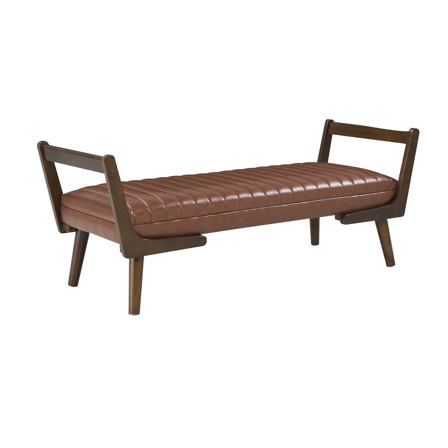 52 Mid Century Bench With Walnut Wood Leg,Channeled Upholstered Footrest Stool For Kitchen, Living Room, Bedroom, Entryway, End Of Bed. PU Cognac, Light Brown