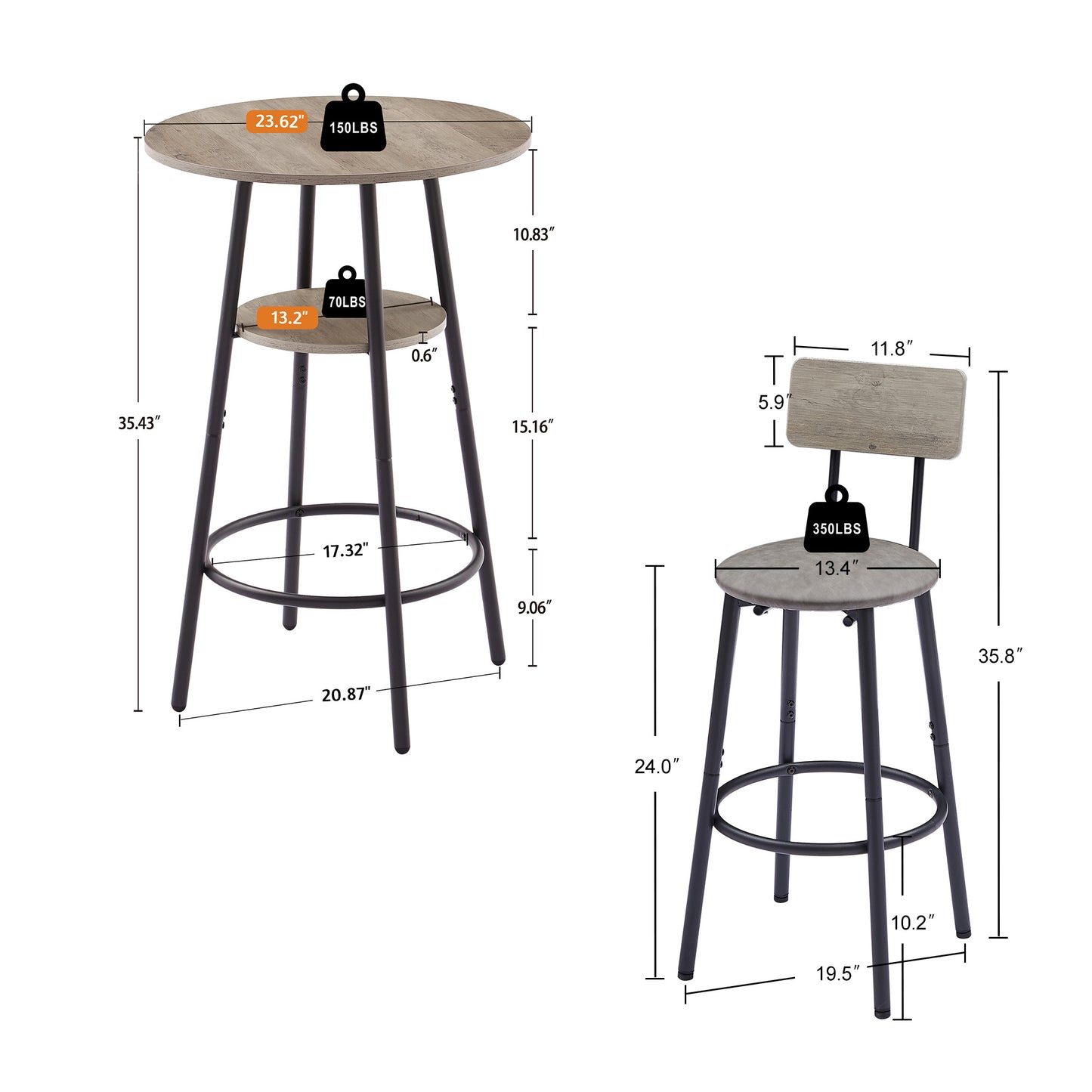 Round Bar Stool Set With Shelf, Upholstered Stool With Backrest Grey, 23.62 W X 23.62 D X 35.43 H.