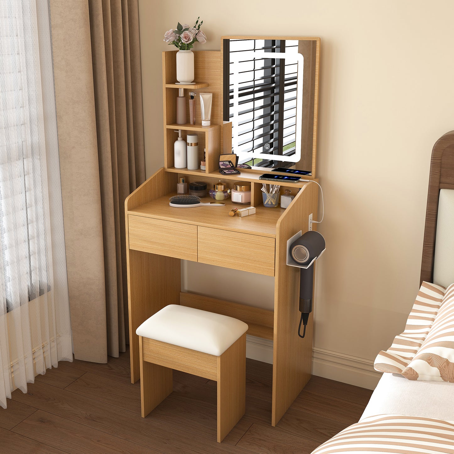 Vanity Table With LED-Illuminated Mirror, Power Outlet, Hairdryer Holder & Stool -Compact Dressing Desk For Small Bedrooms Wood