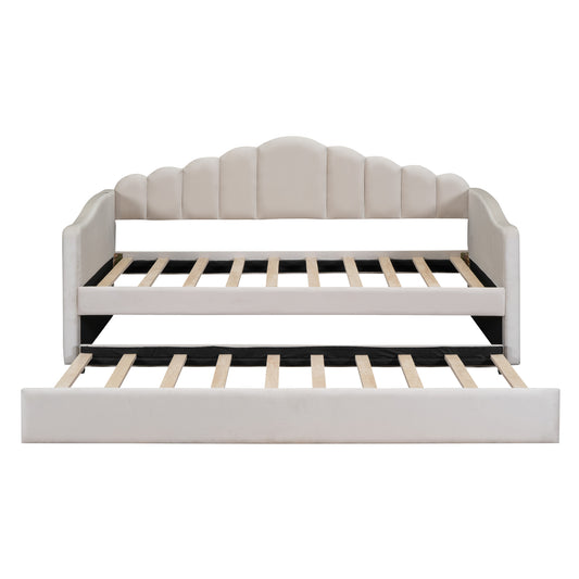 Twin Size Upholstered Daybed With Trundle ,Velvet Sofabed With USB Charging Ports,No Box-spring Needed,Beige