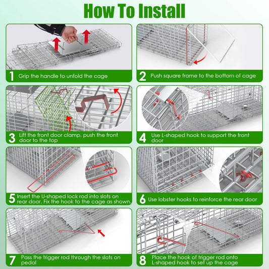 1Pc Humane Cat Trap Cage With Gloves Catch Release Live Animal Rodent Cage Collapsible Galvanized Wire For Raccoons Beavers Groundhogs Foxes Armadillos