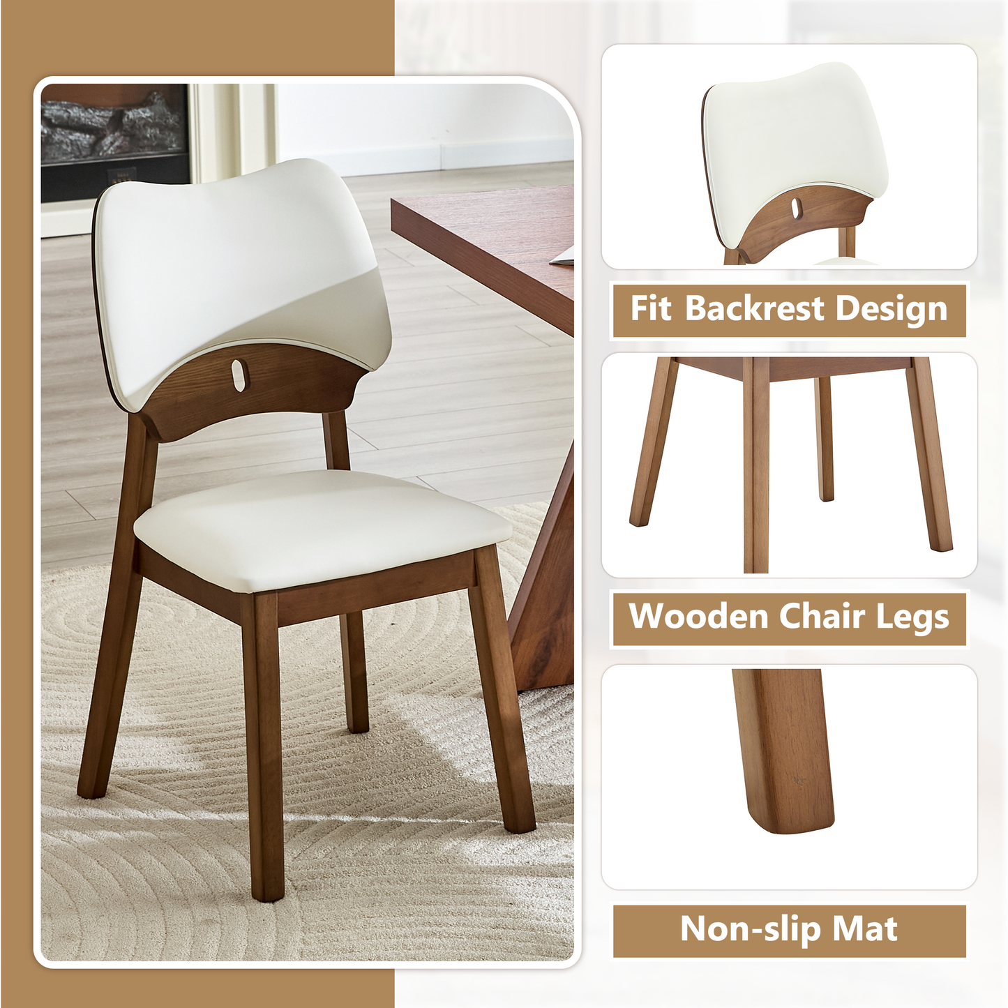 2 Walnut Colored Solid Wood Dining Chairs, With White PU Soft Packaging On The Backrest And Seat Cushion, Hollowed Out Design Backrest, For Home Dining Chairs.