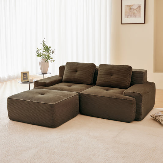 82 Modern L-Shaped Modular Sectional Sofa For Living Room, Corduroy Fabric, 2-Seater Couch With Deep Seat And Movable Ottoman, Pearl-like Piping, Tufted Design, No Assembly, Anti-slip Design, Brown