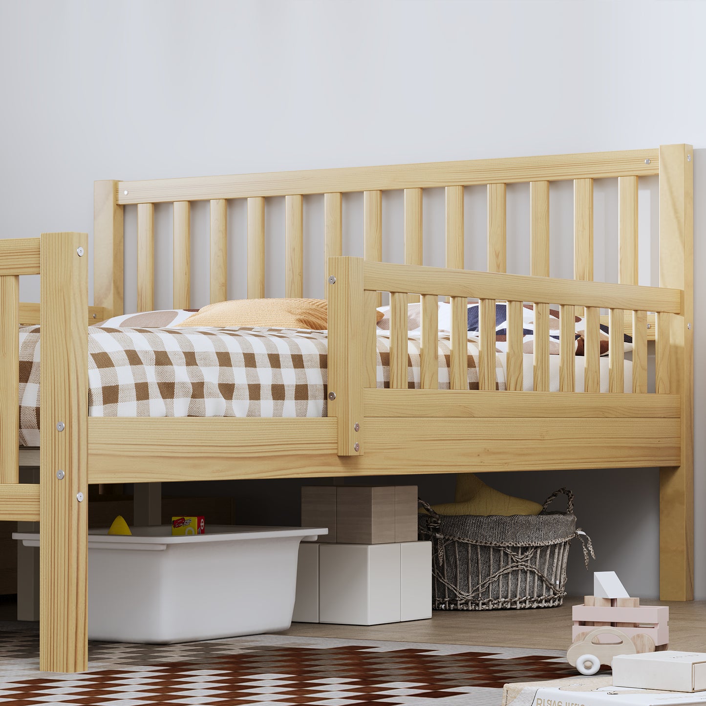 Full Size Wood Platform Bed With Guardrails On Both Sides And Two Storage Drawers ,Natural