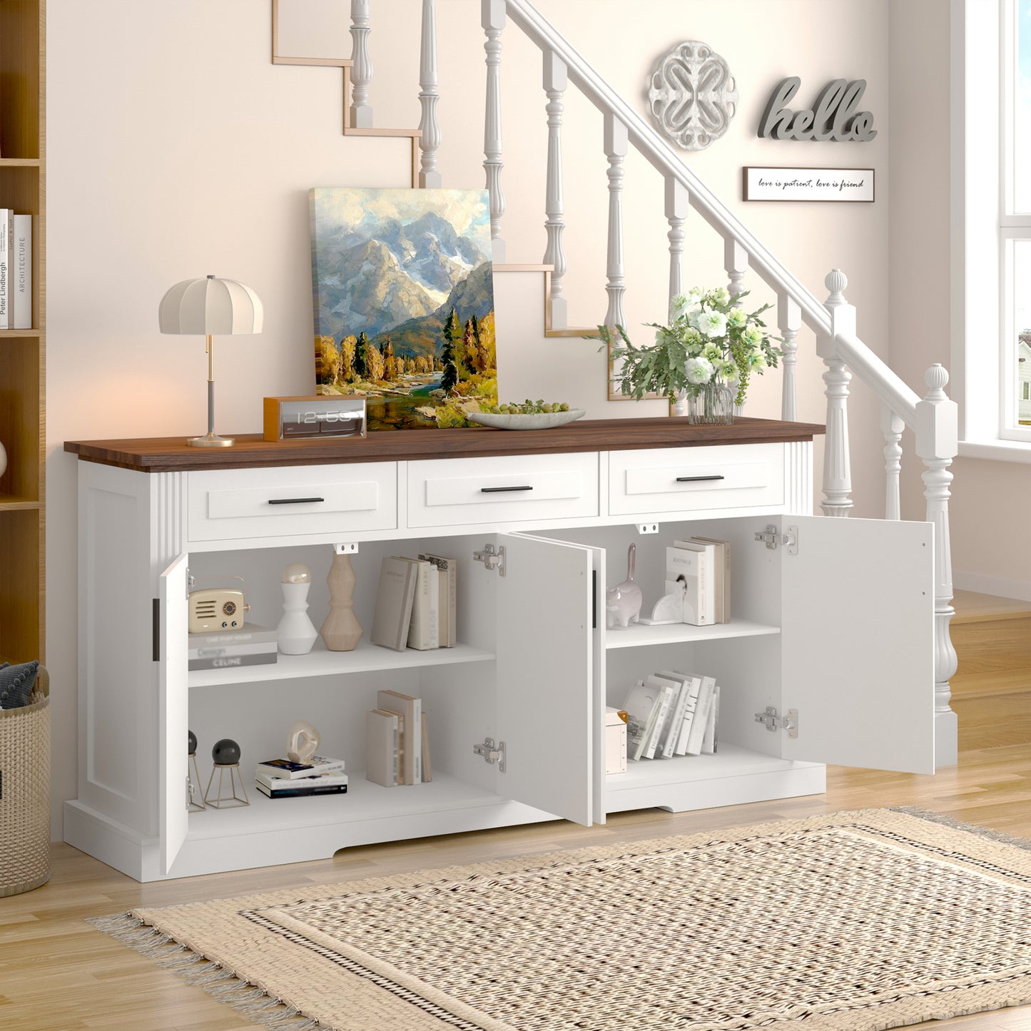 63 Fluted Sideboard Buffet Cabinet With Storage, Modern Coffee Bar Station With 4 Doors And 3 Drawers, Kitchen Storage Console Table For Living Room Dining Room Entryway, White