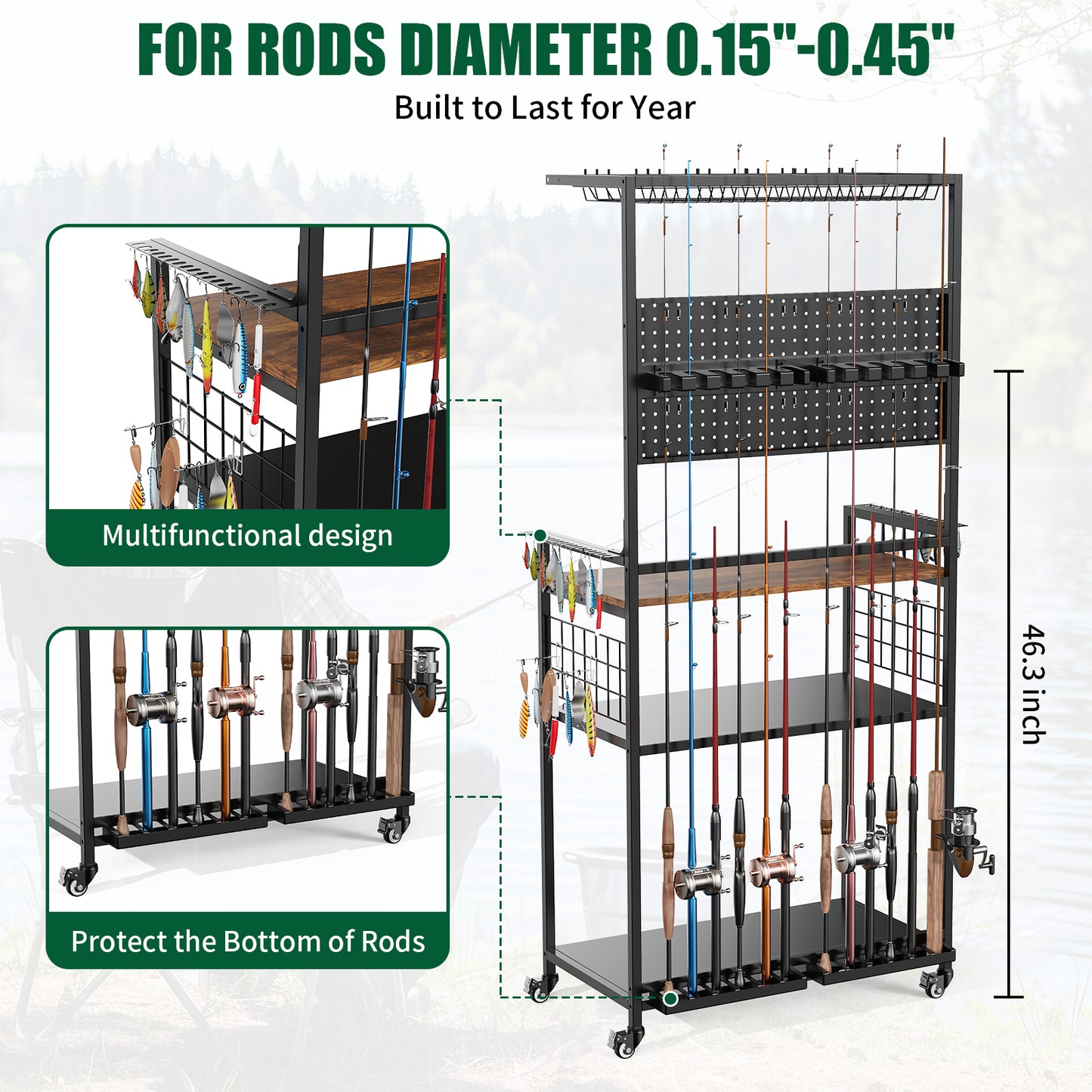 Fishing Rod Storage Rack With Pegboard, Rolling Tackle Organizer Cart, Multi-Tier Fishing Gear Stand For Rods, Reels, Tackle Boxes & Bags, Heavy Duty Metal Holders With Lockable Wheels