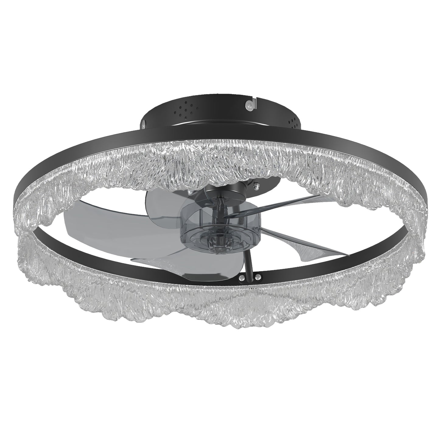 16 Decorative LED Ceiling Fan Light Modern Flush Mount With Crystal-Inspired Acrylic Ring, Hidden Blades, Remote Control, And Dimmable Light For Stylish Homes Black