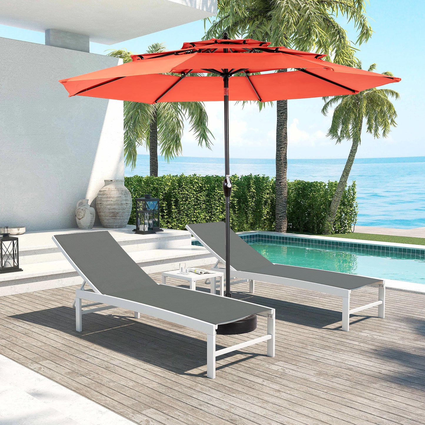 Aluminium 10ft 3 Tier Auto-tilt Umbrella ,Outdoor Patio Umbrella - Market Table Pool Deck Umbrella Base Not Included - Orange