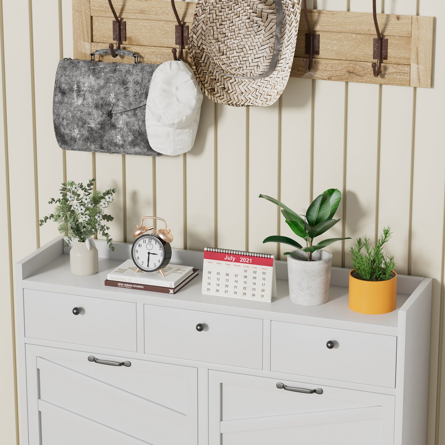 Metal Shoe Cabinet White - 4 Flip Drawers 3 Drawers, Slim 11.8 D Freestanding Steel Shoe Organizer, Anti-Tip Hidden Entryway Shoe Rack