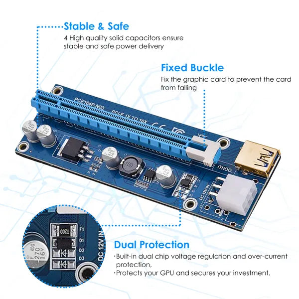 5Sets PCI-E PCI Express Risers GPU Mining Powered Riser Adapter Card W/ 23.62in USB 3.0 Cable MOLEX To SATA