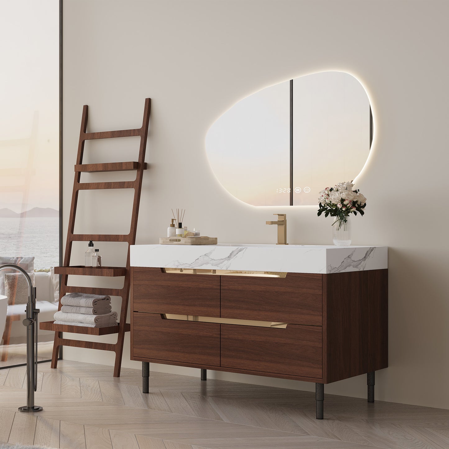 35.4 Farmhouse Free-standing Sintered Stone Bathroom Vanity With Undermount Sink, Waterproof Multi-layer Solid Wood, 4 Drawers Storage, Wall-Mounted