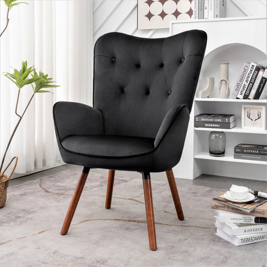 Mid-Century Modern Wingback Accent Chair, Button-Tufted Polyester Fabric Armchair With Solid Wood Splayed Legs For Living Room Bedroom Home Office