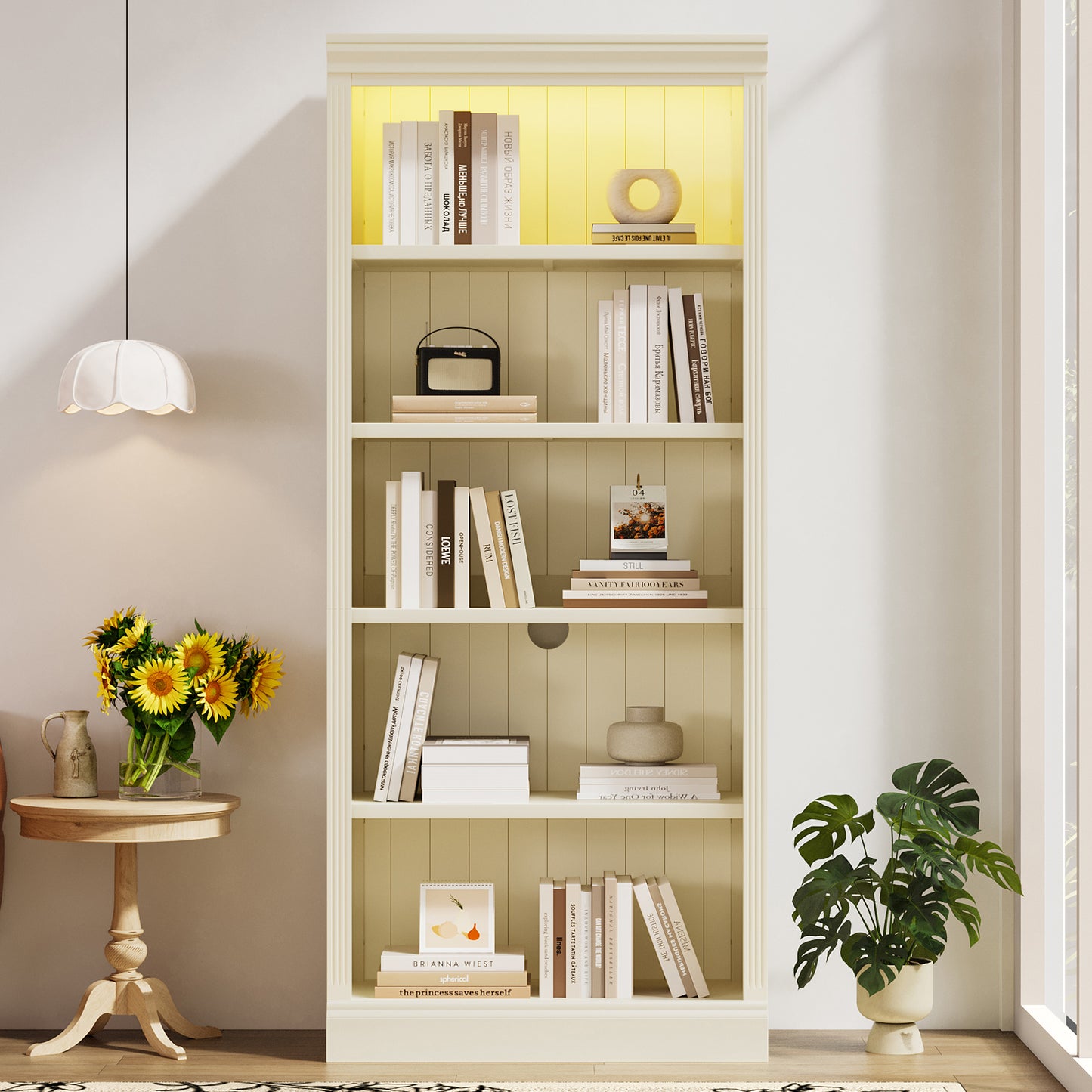 83.4 Tall Wood Bookcase With Light Strip,5-Tier Decor Bookshelves With Adjustable Shelves,Storage Organizer For CDs Books,Free Standing Storage Shelves For Living Room,Home Office,Beige And Yellow