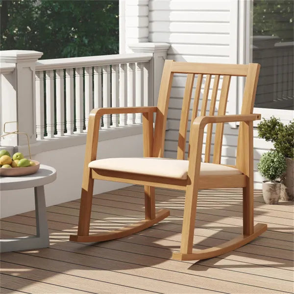 Solid Rubber Wood Rocking Chair, 400 LBS Weight Capacity Indoor Lounge Chair With Linen Cushion-Natural