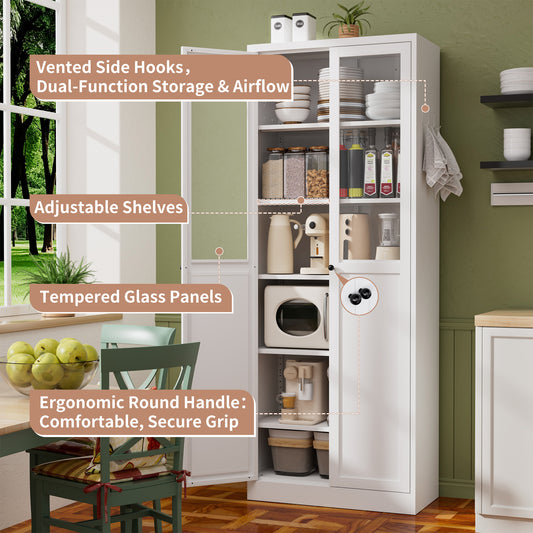72 Metal Kitchen Pantry Cabinet With Doors & Shelves, Tall Heavy-Duty Adjustable Storage Organizer, Tool-Free Assembly Freestanding Cabinet For Living Room, Bathroom, White