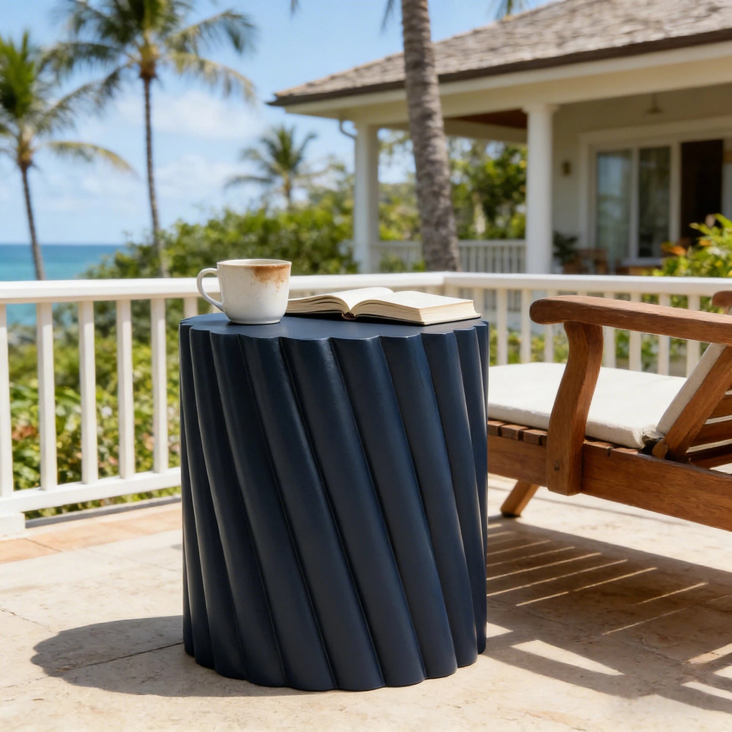 Modern Navy Blue Outdoor Table With Fluted Design - 16.02 Diameter, 18.31 H, MGO Material, 250 Lbs Capacity, Assembly-Free Accent Table Or Seat For Patio, Garden, Or Balcony