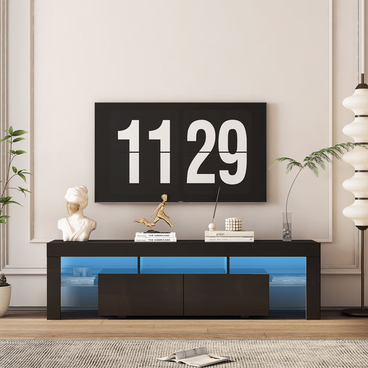 High Gloss TV Stand With LED Lights For TVs Up To 65'', Modern TV Console With Storage Cabinets For Living Room,Black