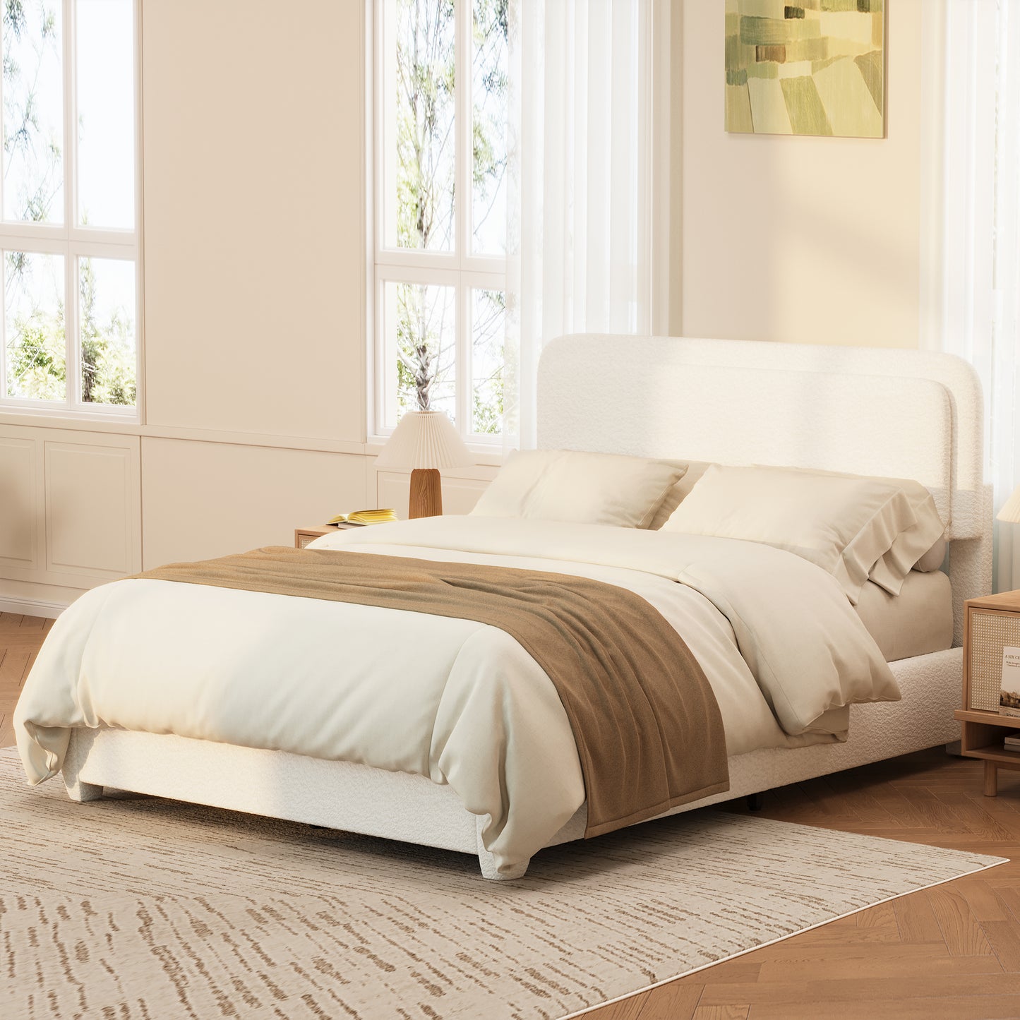 Boucle Full Bed Frame With Adjustable Height Headboard, Modern Platform Bed With Curved Cloud Headboard, Elegant Boucle Fabric Low Profile Platform Bed, No Box Spring Needed, Easy Assembly, White