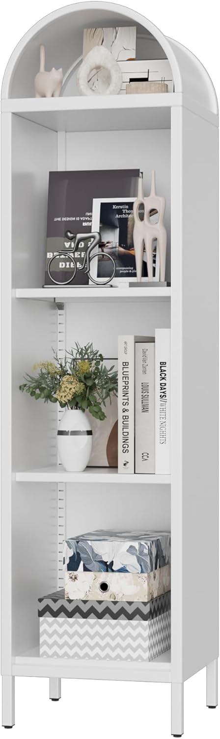 Aobabo Arch Display Bookcase With 2 Adjustable Shelves, Kitchen Pantry Storage Bookshelf For Dining Room, Home, Office, Kitchen, Study Room, Assembly Required, White