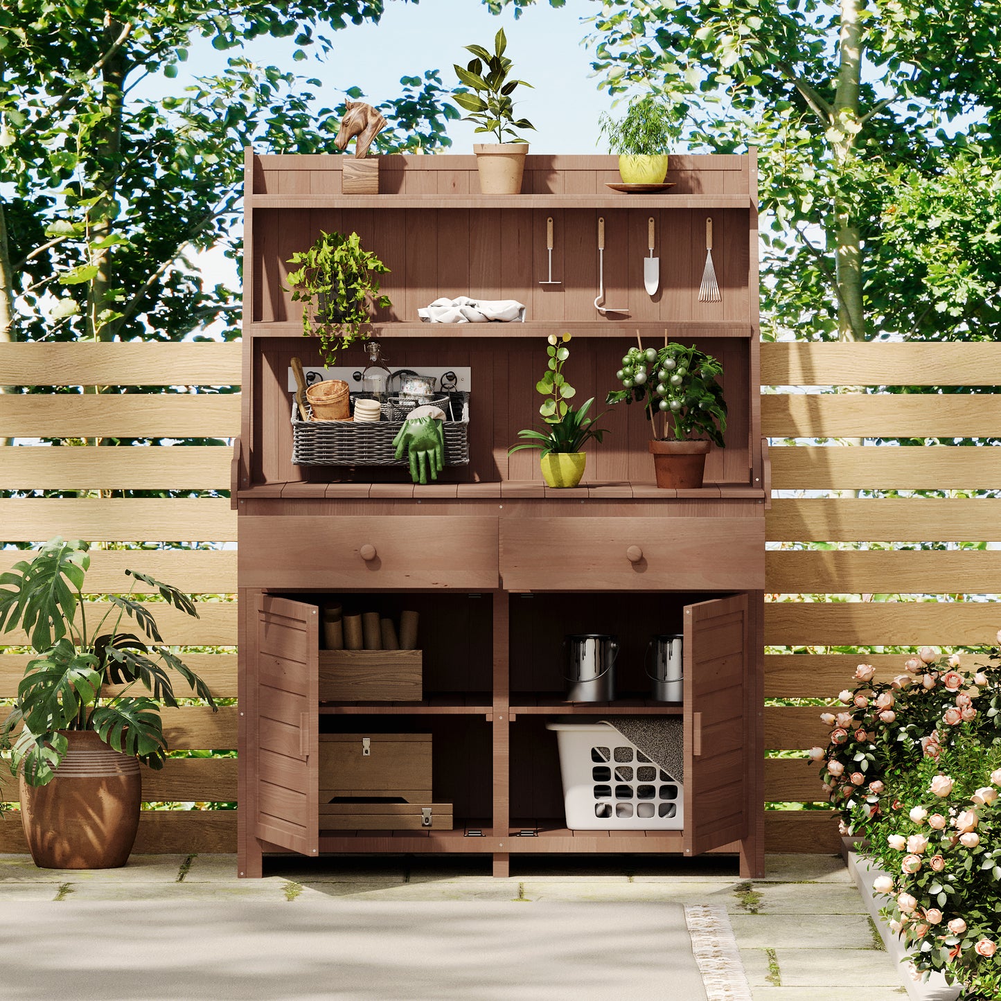 TOPMAx 65inch Garden Potting Bench Table Fir Wood Workstation With Storage Shelf Drawer And Cabinet Brown