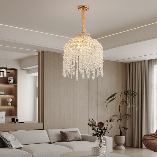 16 Inch 5-Light Crystal Pendant Light Chandelier- Elegant Waterfall Design With Grape-Shaped Crystal Bead Strings And Gold Finish For Living Room, Bedroom, Or Dining Area Bulb Not Included