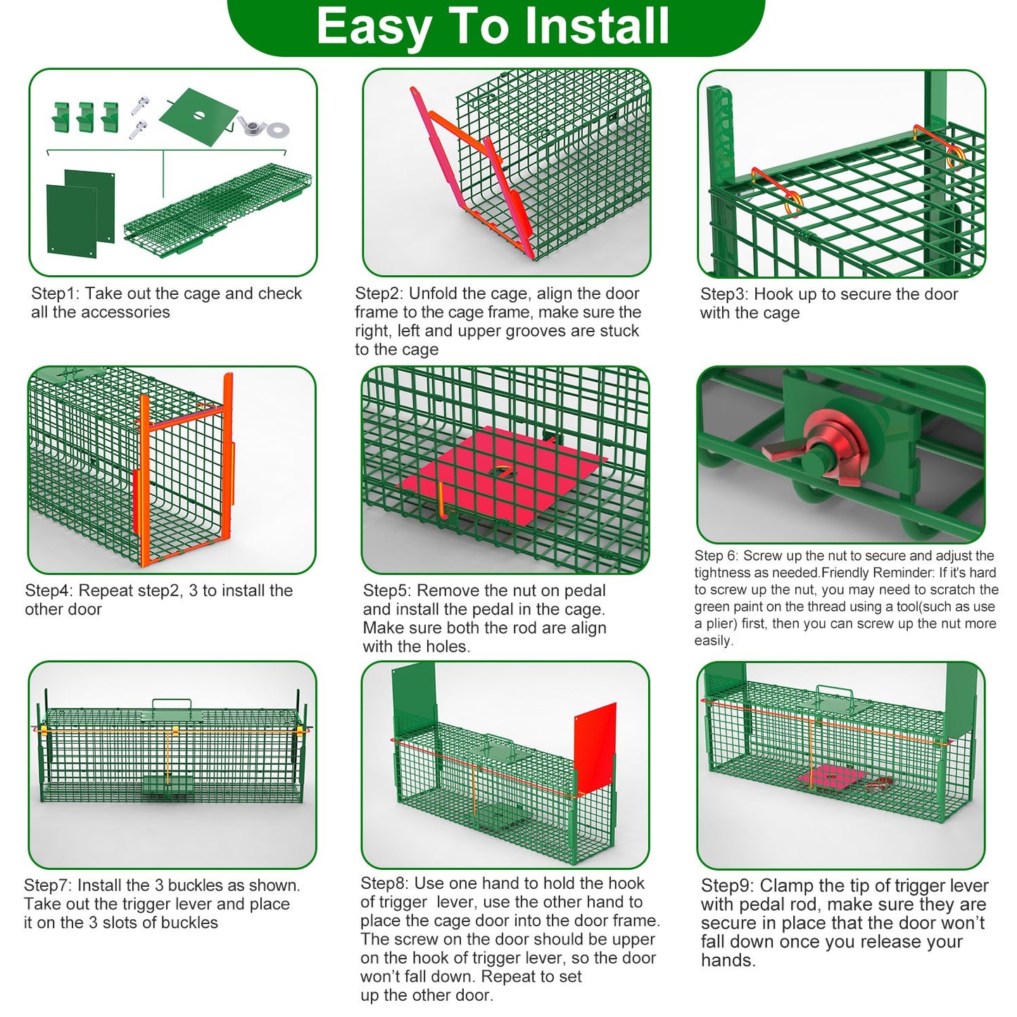 32in 2 Door Live Animal Cage Trap With Glove Green For Animals Under 12LBS Easy To Setup Humane Galvanized Iron Trap Cage For Rabbits Groundhogs Skunk Opossums Nutria Stray Cats