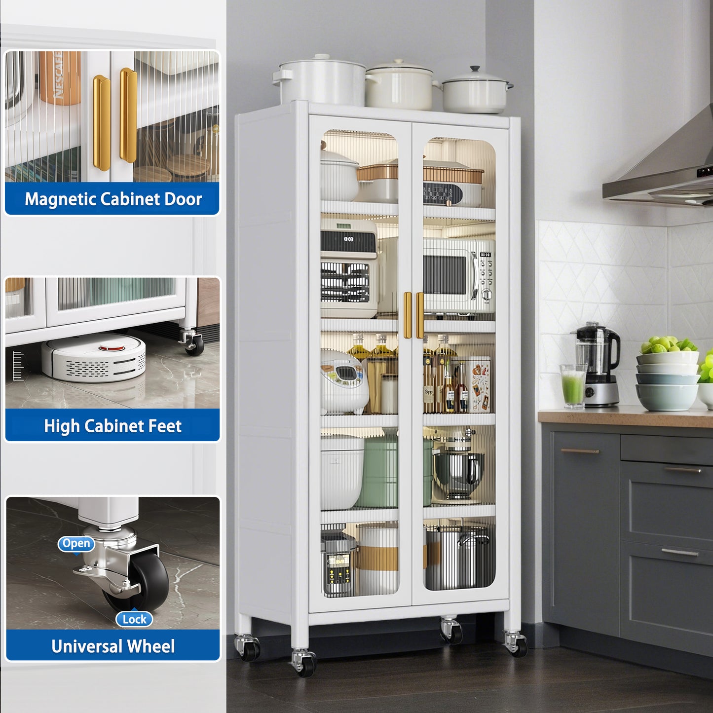 65 Kitchen Pantry Storage Cabinet, 6 Tier Metal Display Storage Cabinet With Transparent Door, Adjustable Shelves & Wheels, Food Pantries Cabinets, For Kitchen, Living Room And Dining Room, White