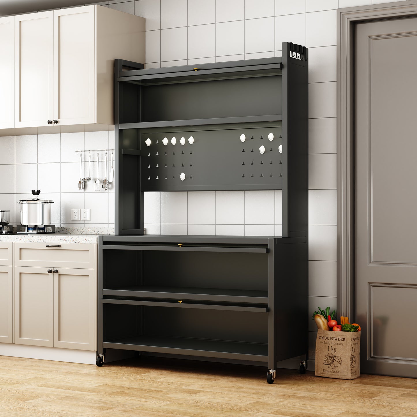 65 Tall Kitchen Bakers Rack With Flip Door Cabinet, 5 Tier Multifunctional Microwave Stand Buffet, Coffee Bar, Quick Assembly, Gray