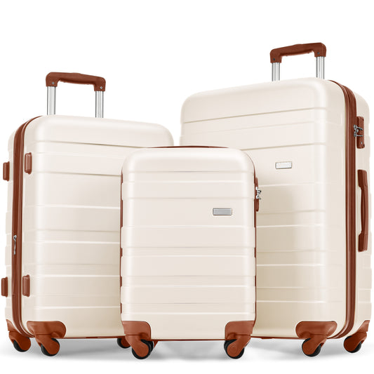 Luggage Sets New Model ABS Hardshell 3pcs Clearance Luggage Hardside Lightweight Durable Suitcase Sets Spinner Wheels Suitcase With TSA Lock 20 24 28 Ivory And Brown