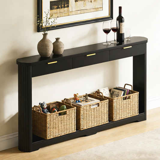 70.1 Wavy-Patterned Storage Table With Drawers, A Slim Wooden Side Table That Can Be Placed Behind A Sofa, Ideal For Entryways, Hallways, And Doorways.Black.70.1 Lx8.7 Wx35.5 H
