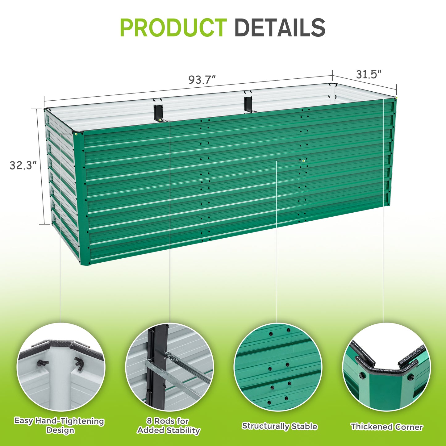 93.7in X 31.5in X 32.3in Raised Garden Bed Kit, 32in Ergonomic Height No Bending Metal Planter Box, Open-Ended Base For Drainage, 8 Reinforcing Rods, Rustproof Steel -Easy Assembly