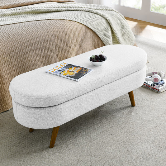 Ottoman Oval Storage Bench,Rubber Wood Legs,White 43.5x16x16