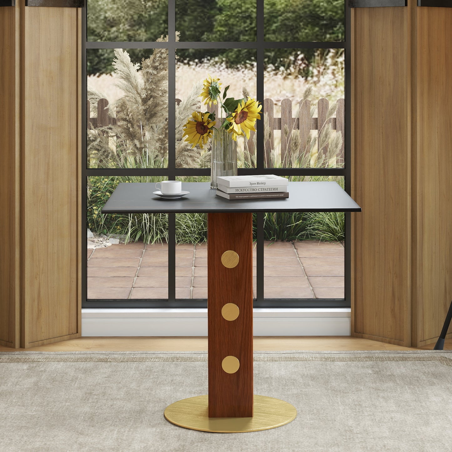 Modern Square Dining Table, 33.5 Sintered Stone Table With Wooden Leg & Gold Base, 2 - Person Kitchen Table For Small Space, 150lbs Weight Capacity Only The Negotiation Table