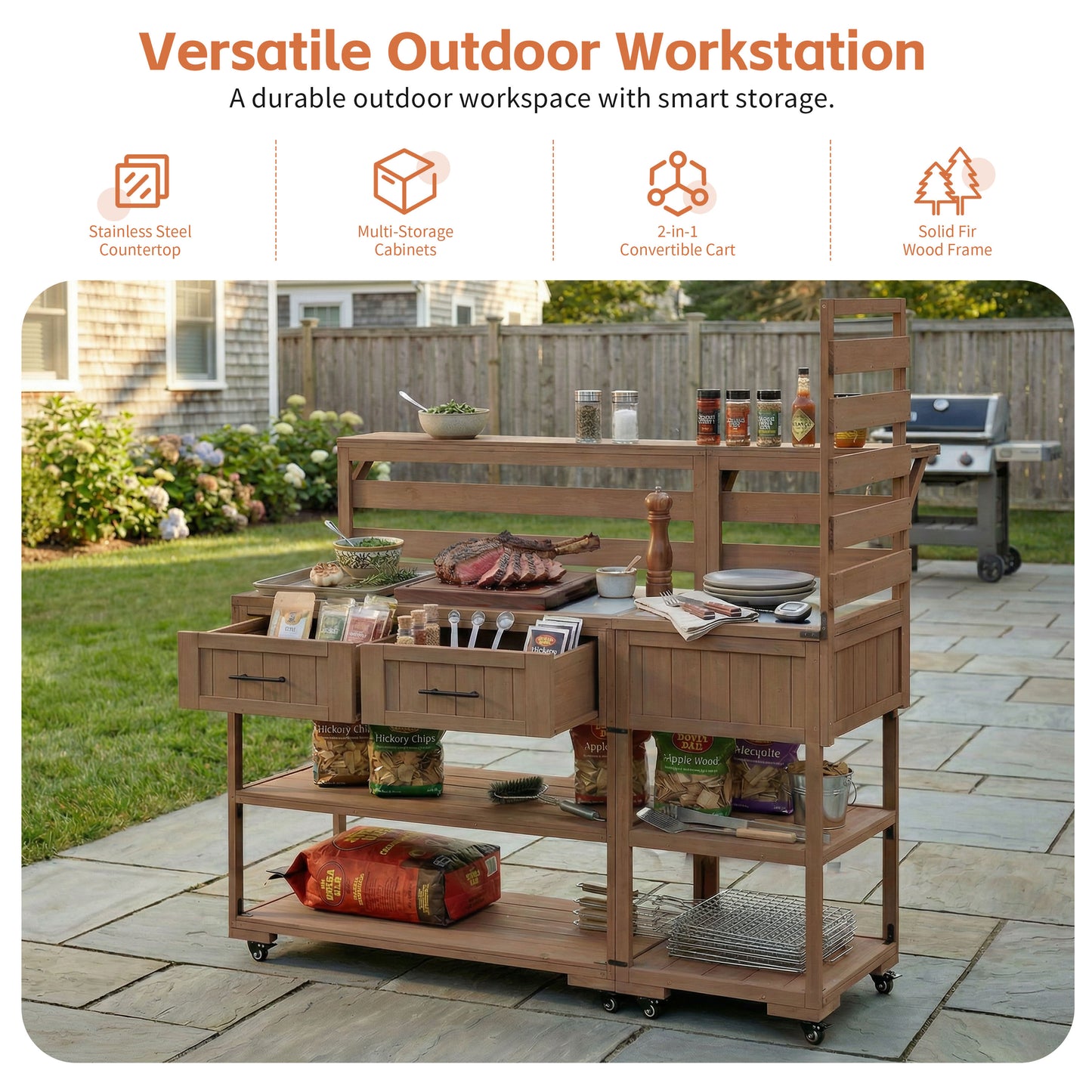 With Assembly Video TOPMAx 62.3 Patio Kitchen Island Solid Wood Kitchen Cart With Stainless Table Top Garden Potting Bench With Raised Shelf And Drawers Grill Prep Table For BBQ Party Brown