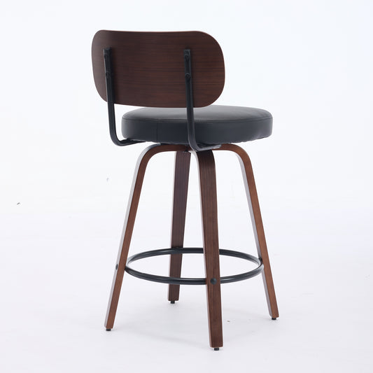 Swivel Bar Stools Set Of 2, 26 Upholstered Faux Leather Counter Height Barstools With Walnut Back & Bentwood Legs, Mid Century Modern Bar Chairs Island Stools For Kitchen Counter, Black PU, SW1864BK