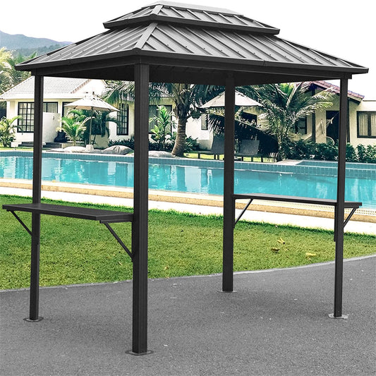 Grill Gazebo 8 X 6 , Aluminum BBQ Gazebo Outdoor Metal Frame With Shelves Serving Tables, Permanent Double Roof Hard Top Gazebos For Patio Lawn Deck Backyard And Garden Grey