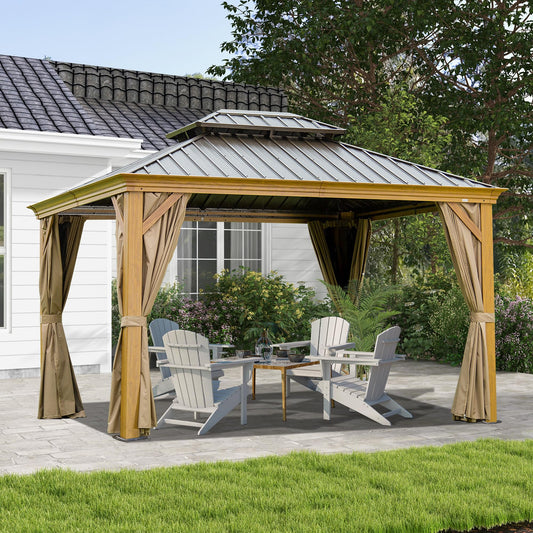 10 X 14 Hardtop Gazebo Outdoor Metal Gazebo Canopy With Galvanized Steel Double Roof, Wood Grain Aluminum Frame, Curtains And Netting For Patio, Deck, Garden